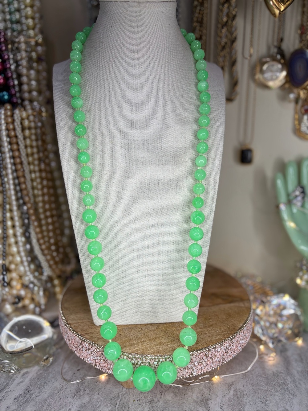 Vintage Neon Lucite Gumball Necklace Graduated Beads Green Jewelry Retro Fun